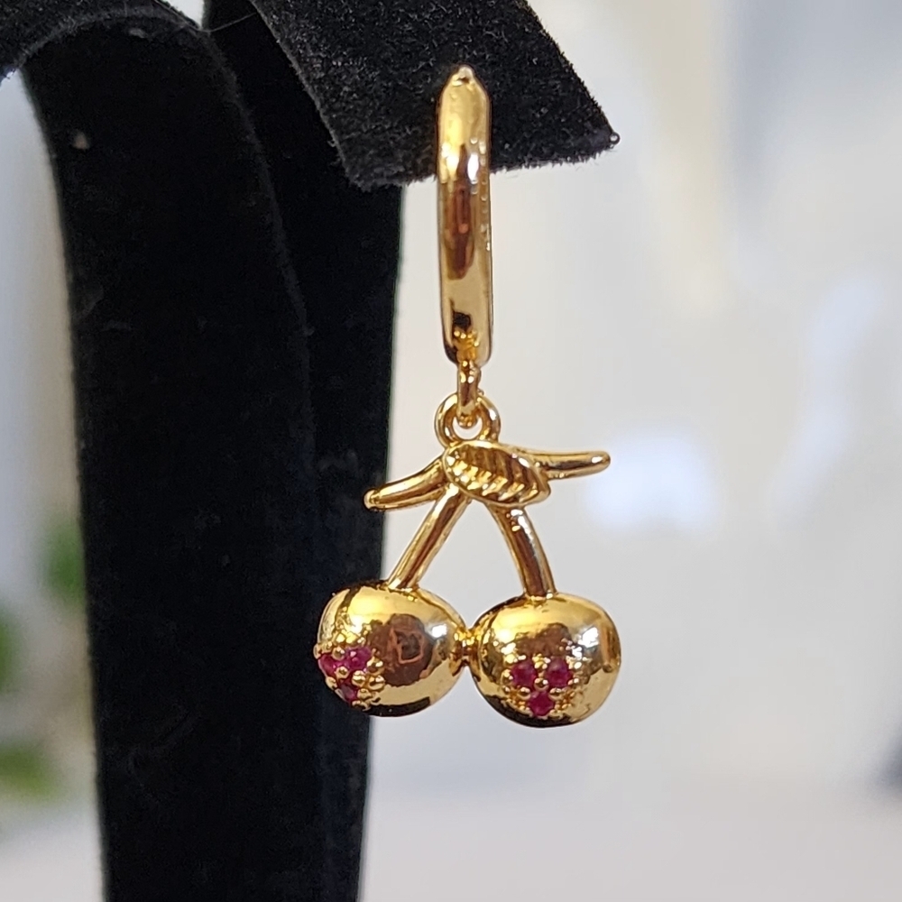 Gold Cherry Dangle Huggie Hoop Earrings - Picture 6 of 8